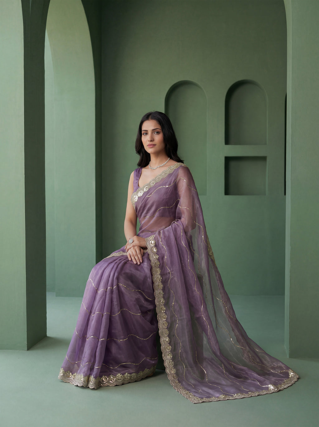 Lavender Organza Striped Zari Work Saree