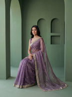 Lavender Organza Striped Zari Work Saree
