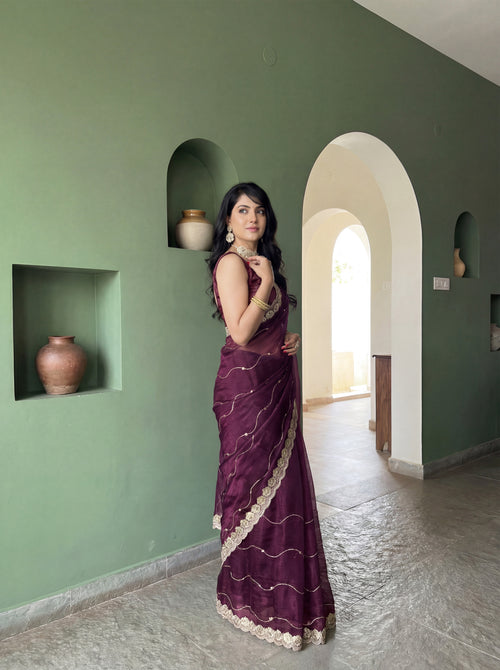 Burgundy Organza Striped Zari Work Saree