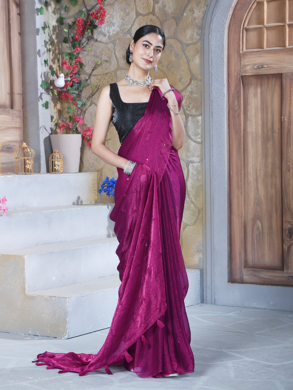 Burgundy Pure Chiffon Mirror Work Saree
