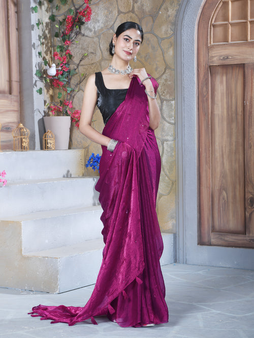 Burgundy Pure Chiffon Mirror Work Saree