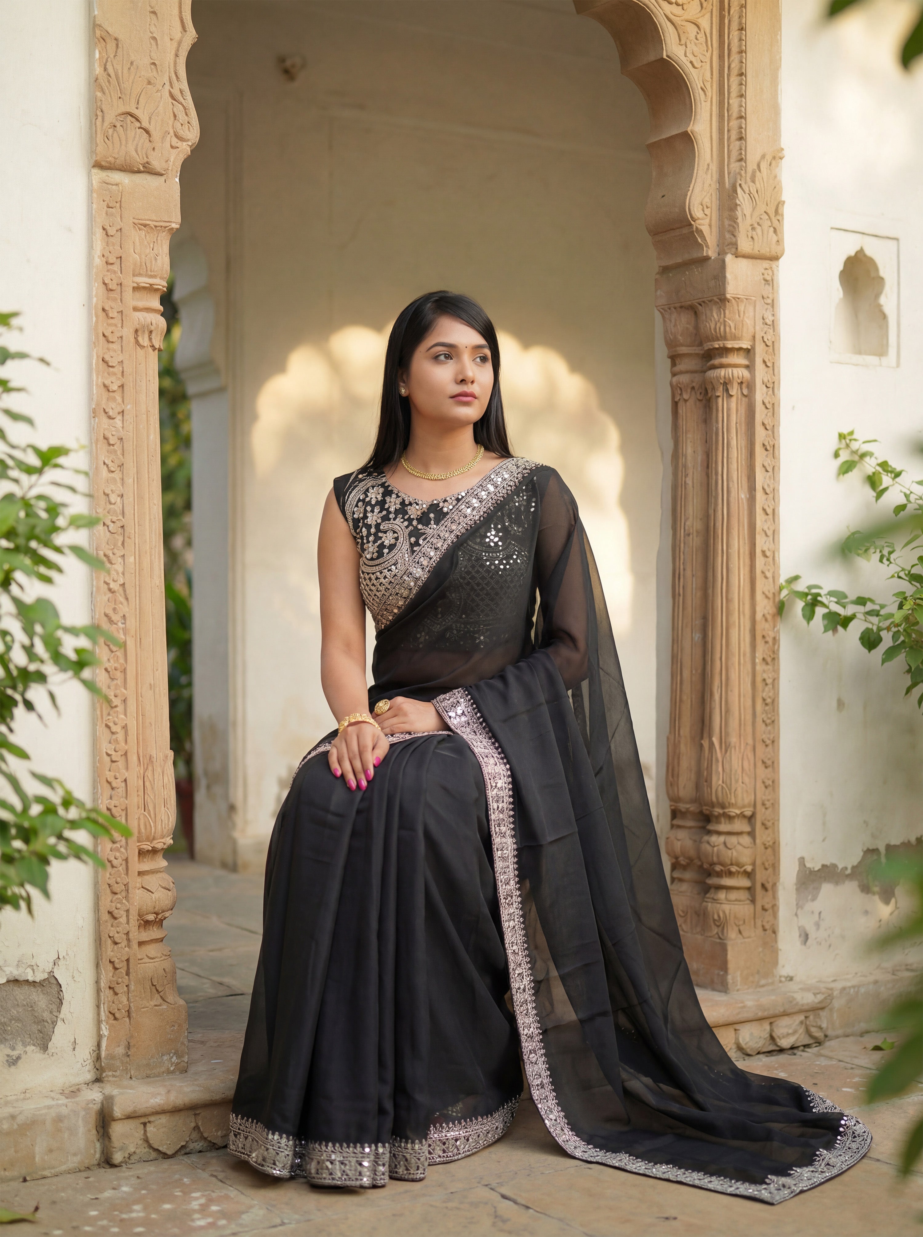 Black Silk Sequence & Mirror Work Saree