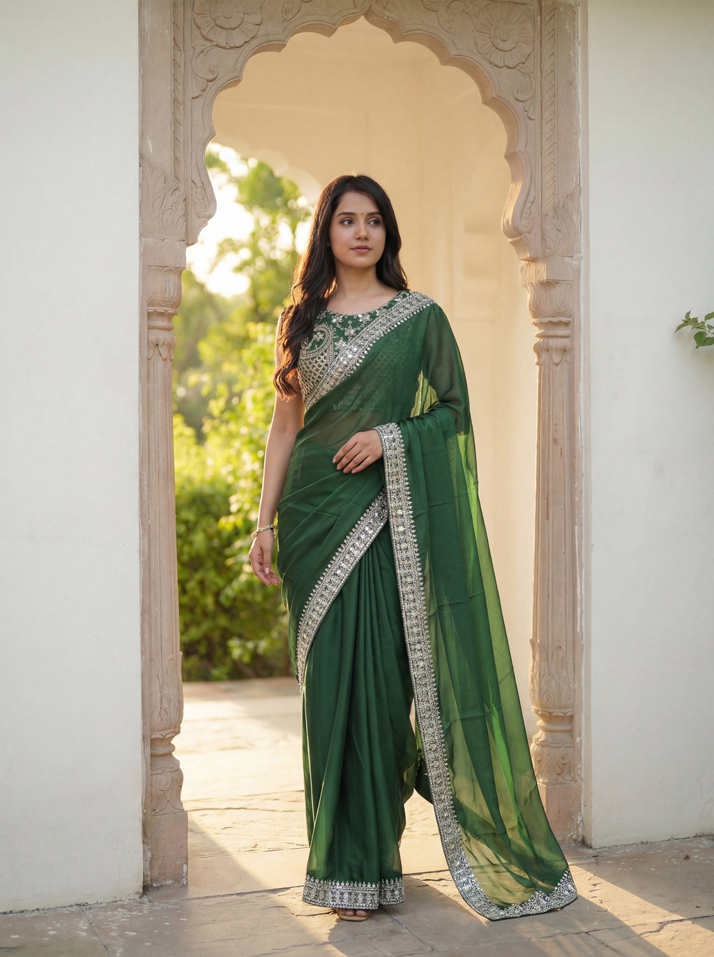 Green Silk Sequence & Mirror Work Saree