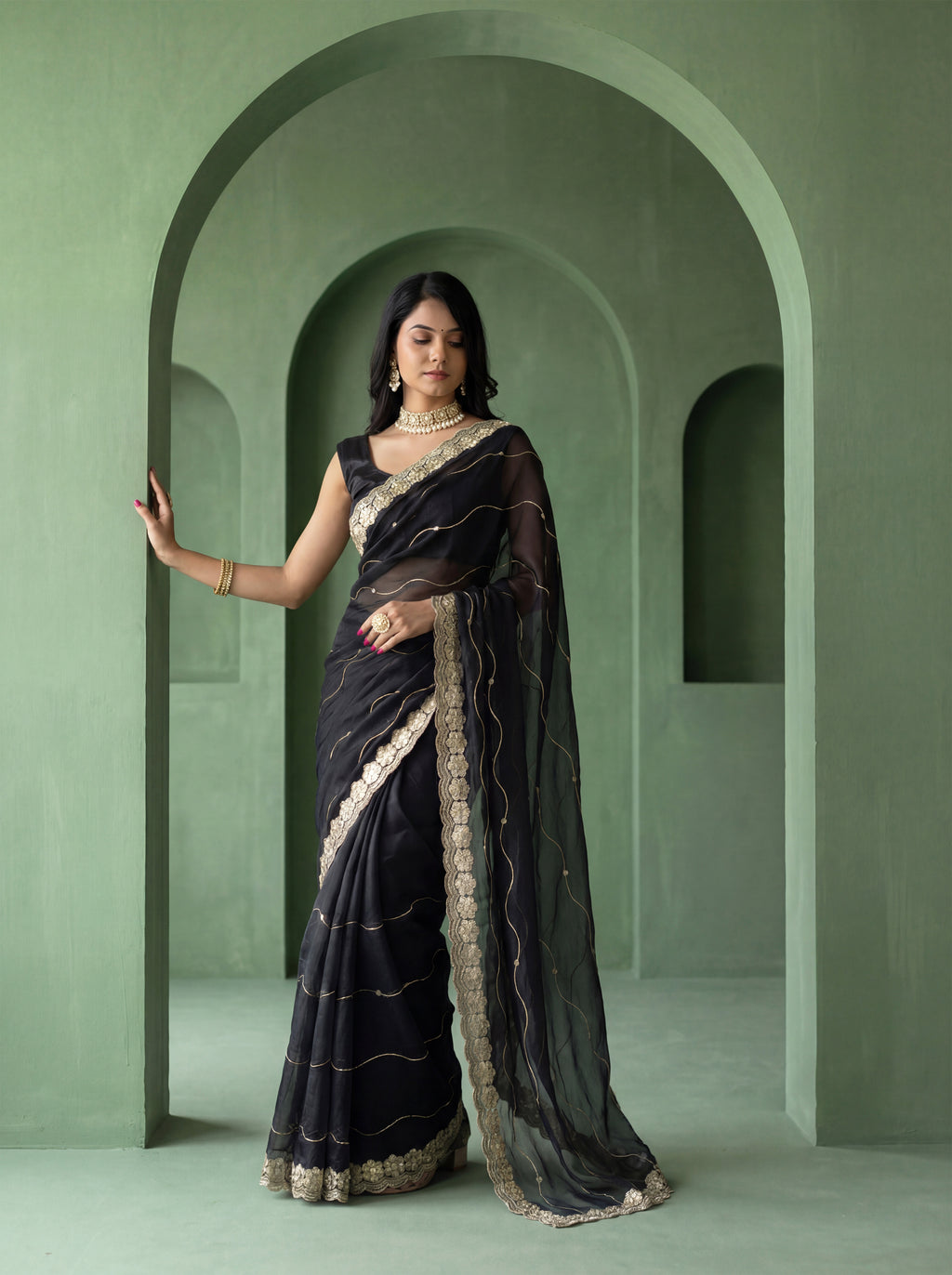Black Organza Striped Zari Work Saree