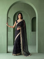 Black Organza Striped Zari Work Saree