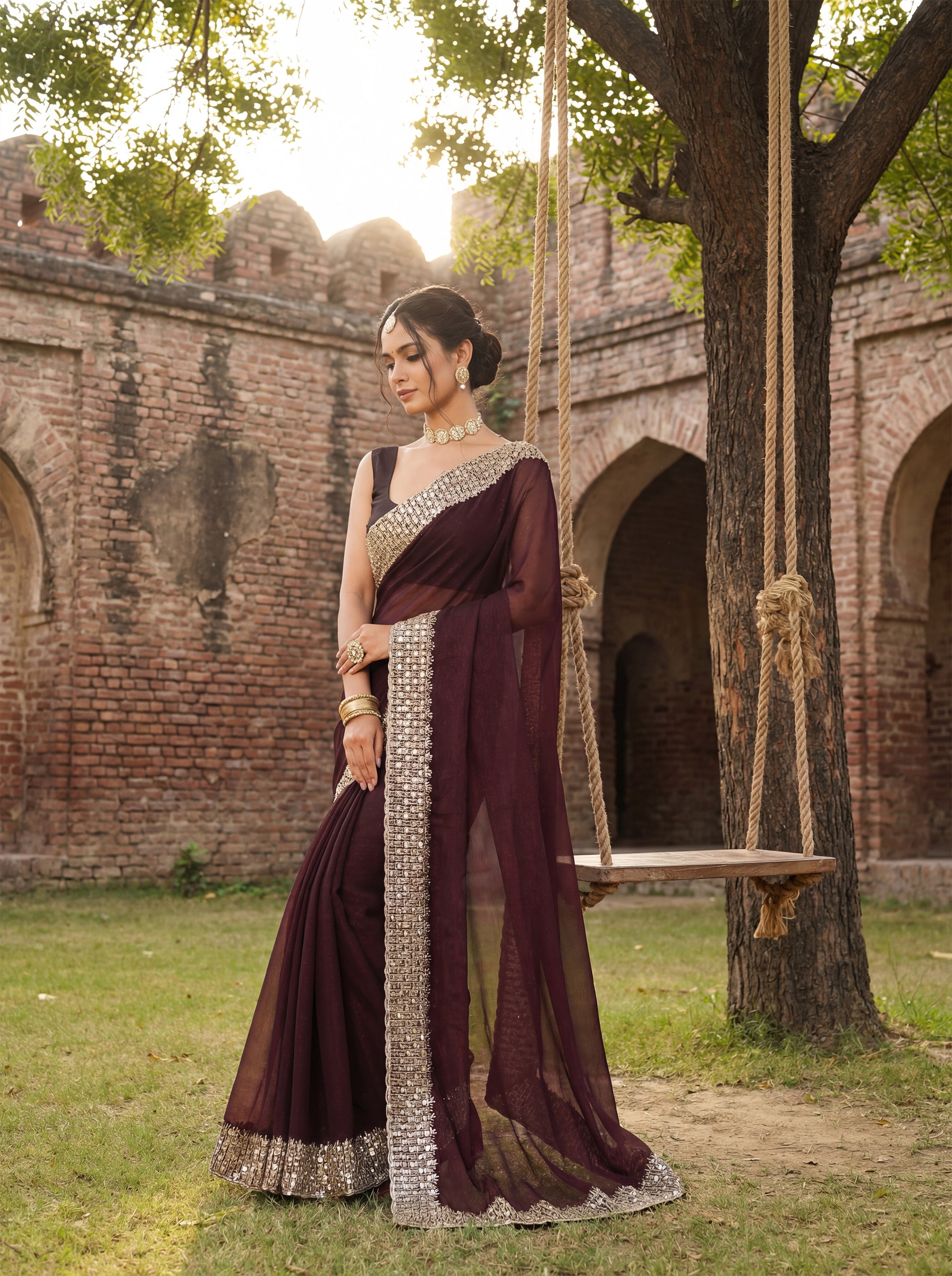 Maroon Tissue Sequence & Mirror Work Saree