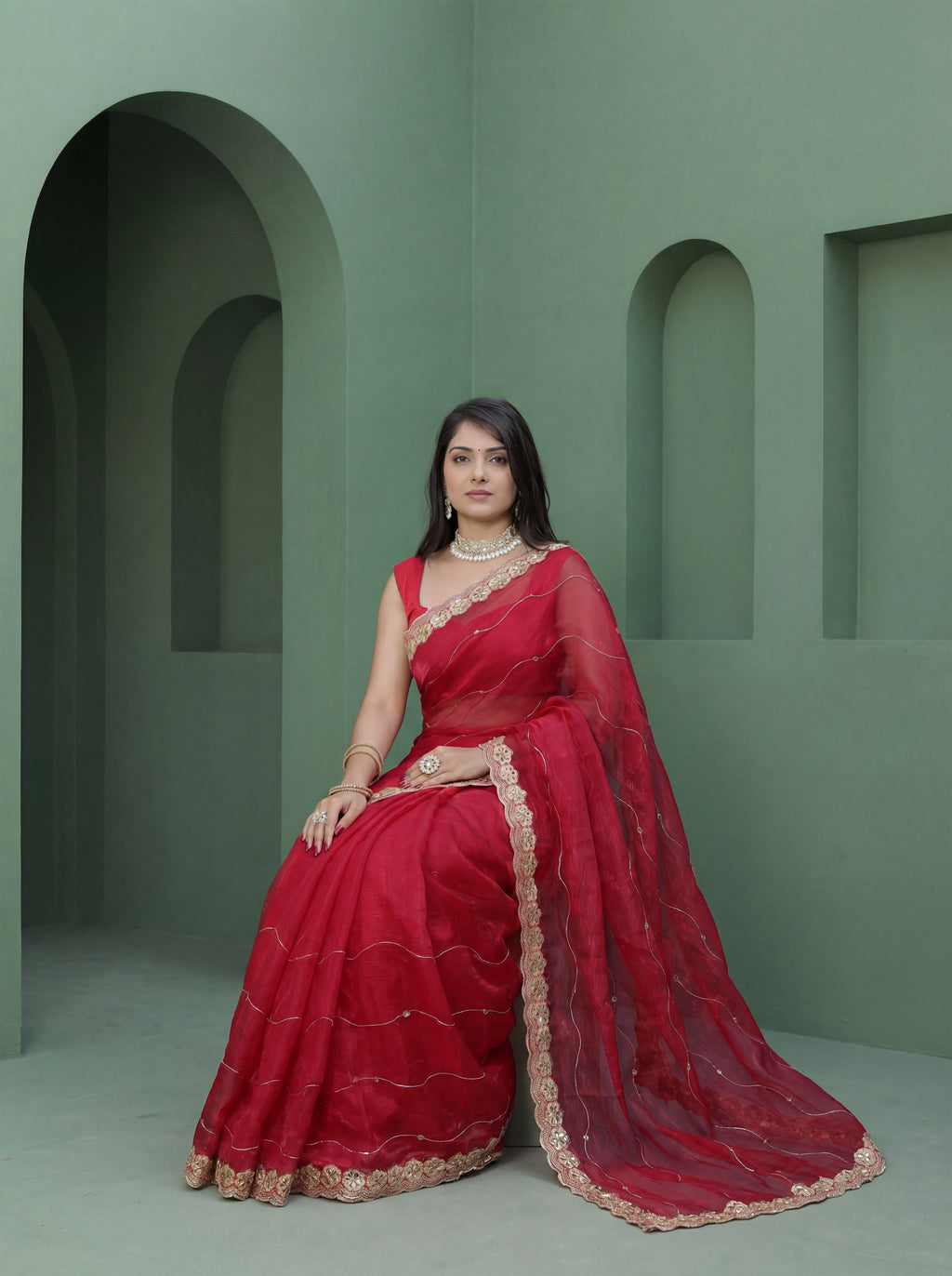 Red Organza Striped Zari Work Saree