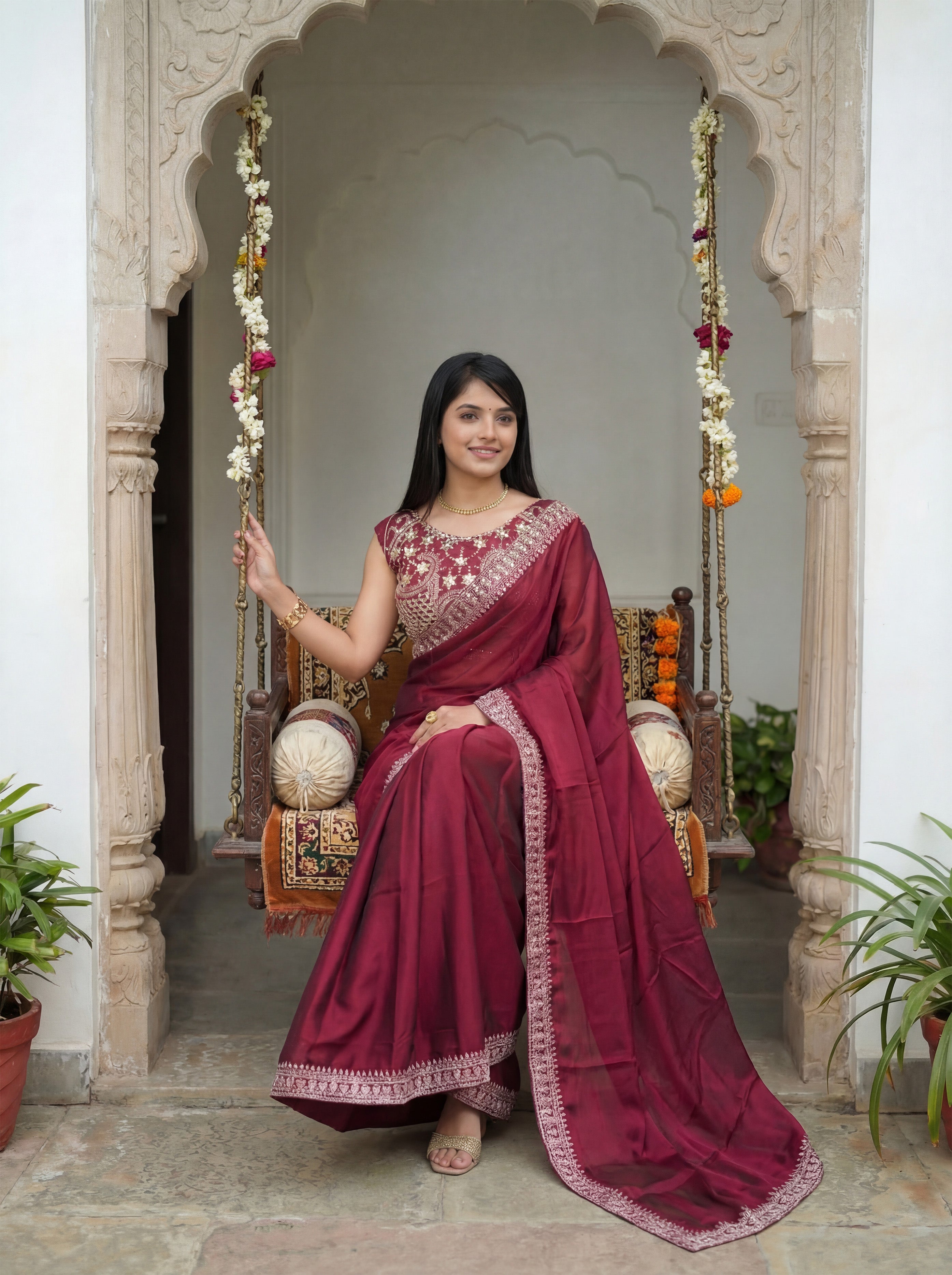 Maroon Silk Sequence & Mirror Work Saree