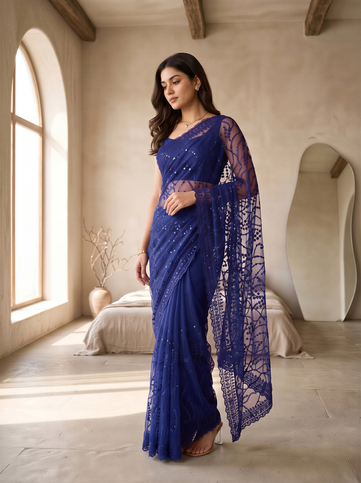 Navy Blue Net Floral Sequence Work Saree