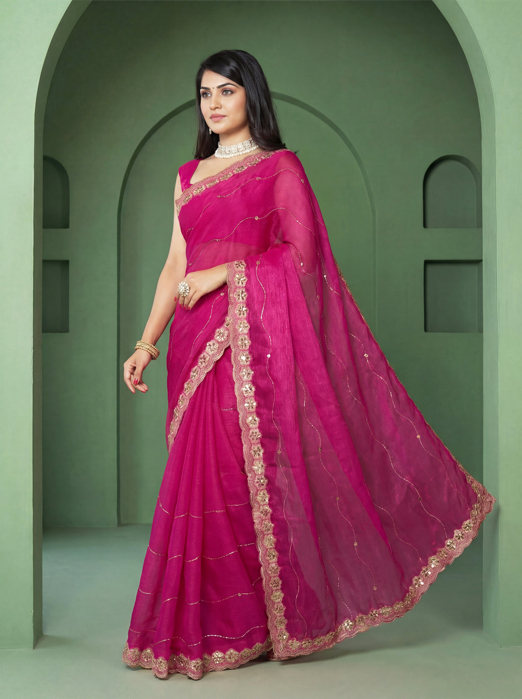 Pink Organza Striped Zari Work Saree