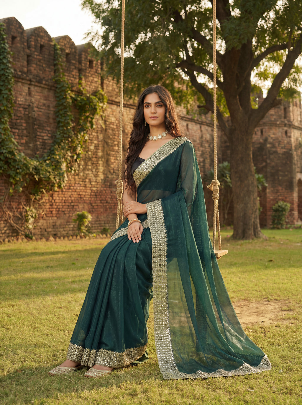 Teal Green Tissue Sequence & Mirror Work Saree