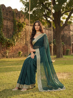 Teal Green Tissue Sequence & Mirror Work Saree