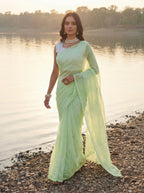 Green Organza Floral Thread Work Saree