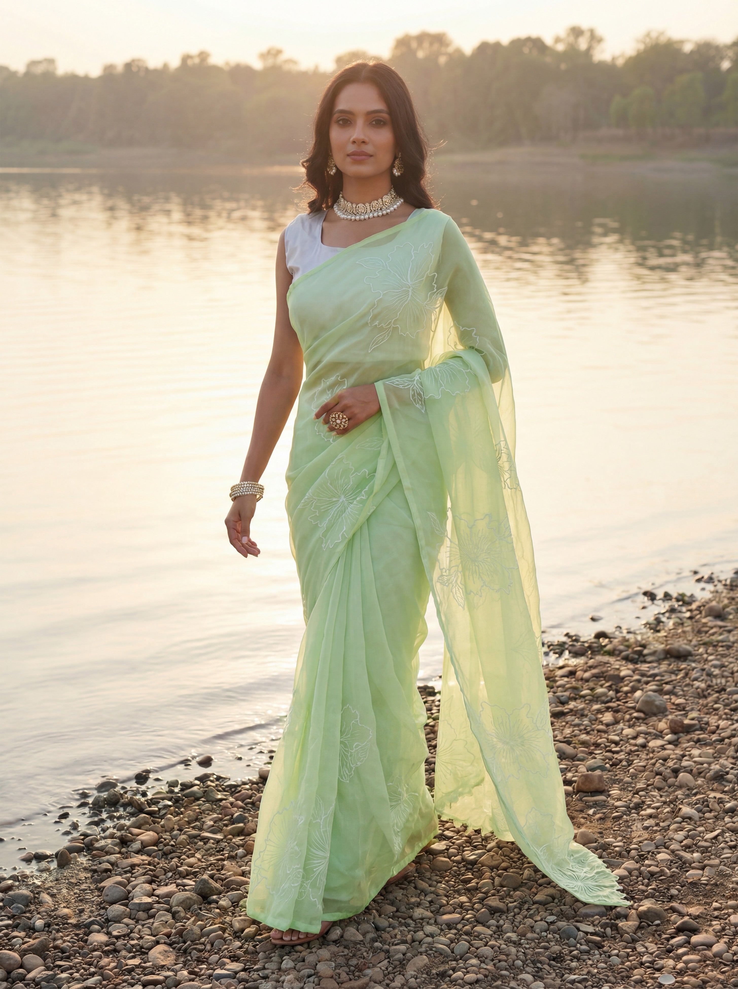 Green Organza Floral Thread Work Saree