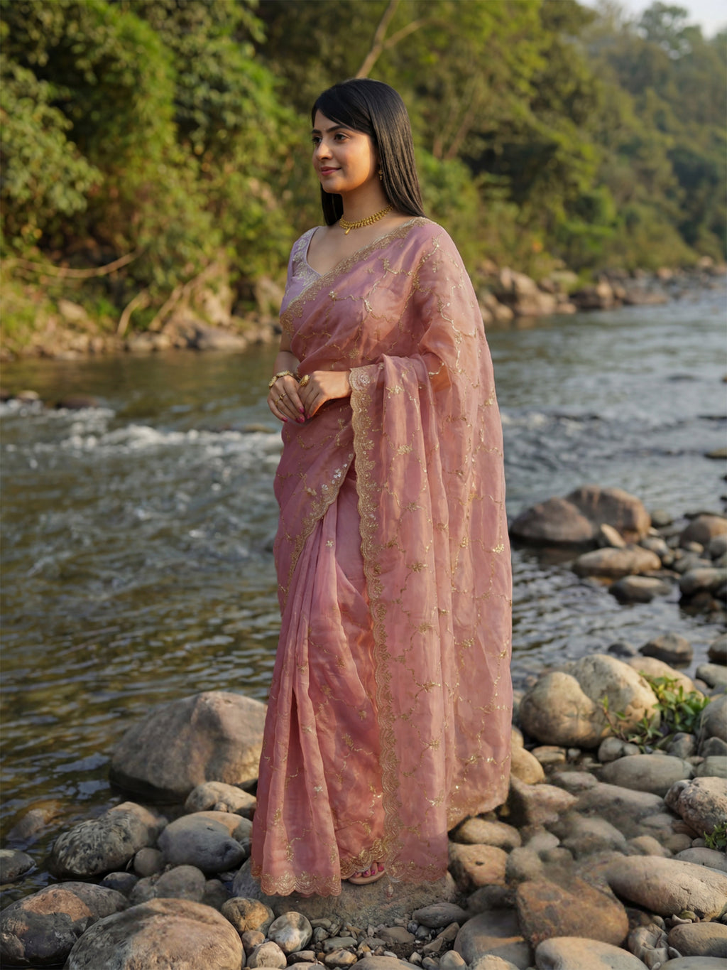 Pink Tissue Geometric Sequence Work Saree