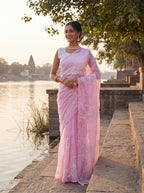 Pink Organza Floral Thread Work Saree