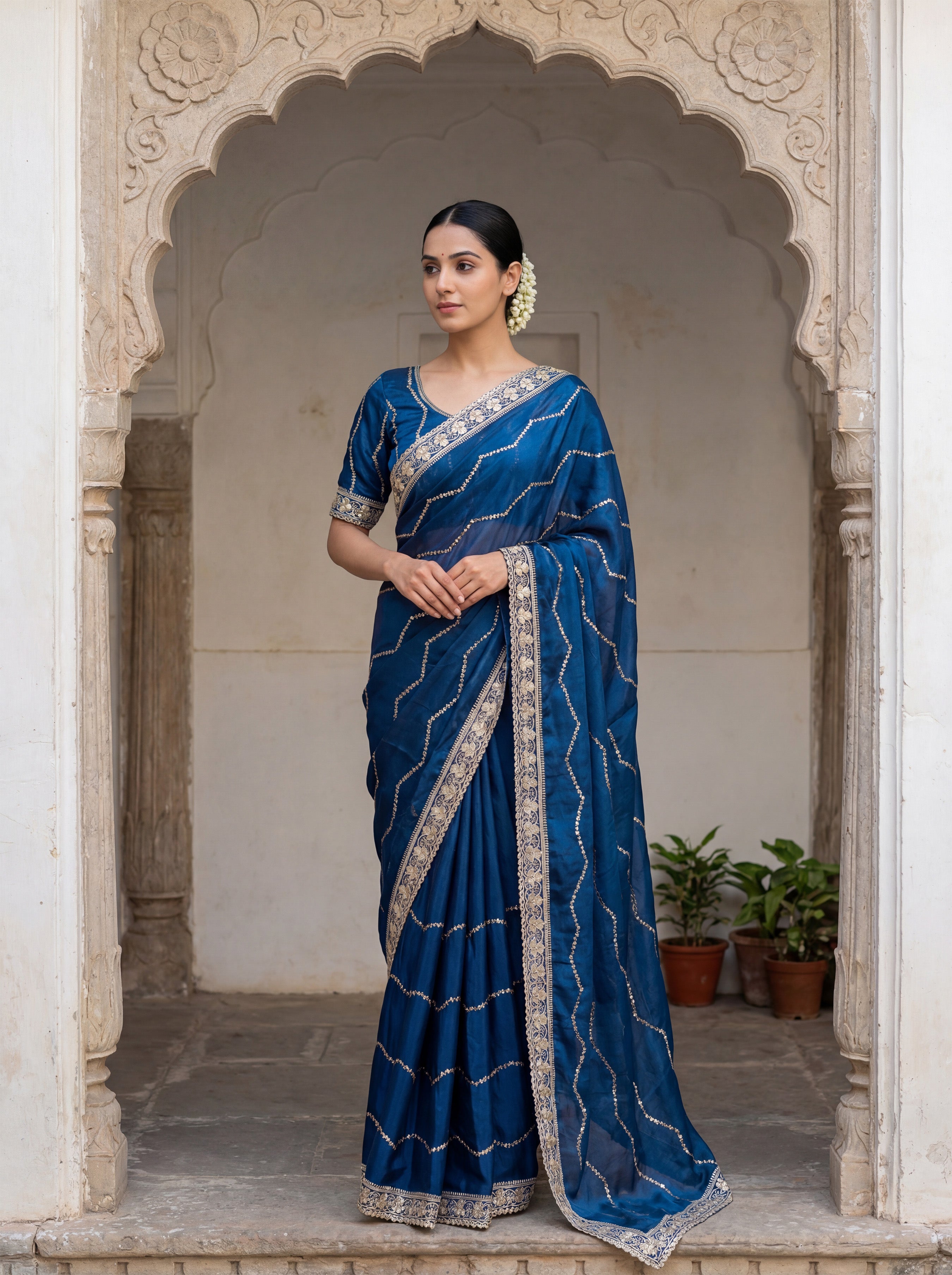 Teal Tissue Striped Sequence Work Saree