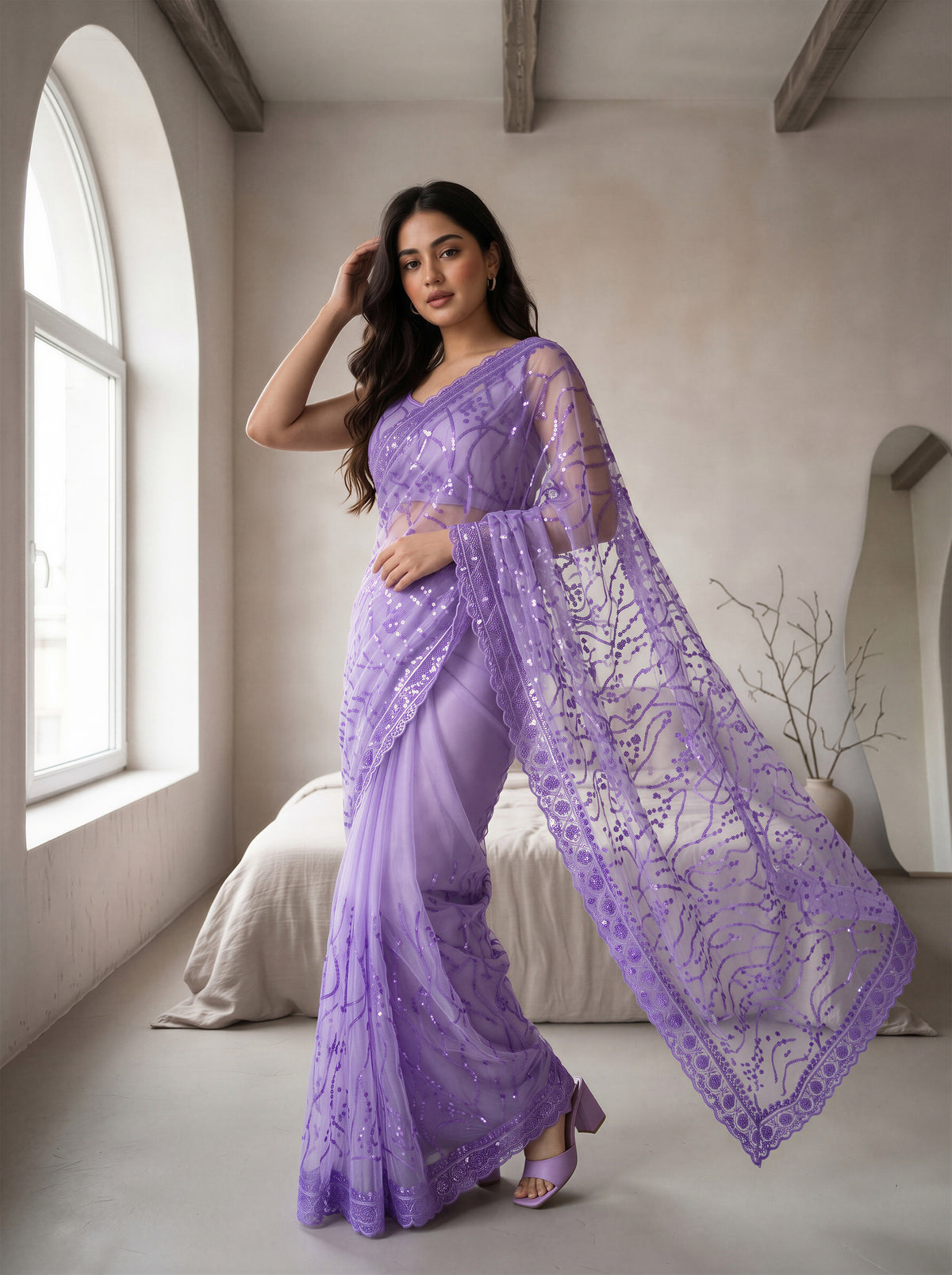 Lavender Net Floral Sequence Work Saree