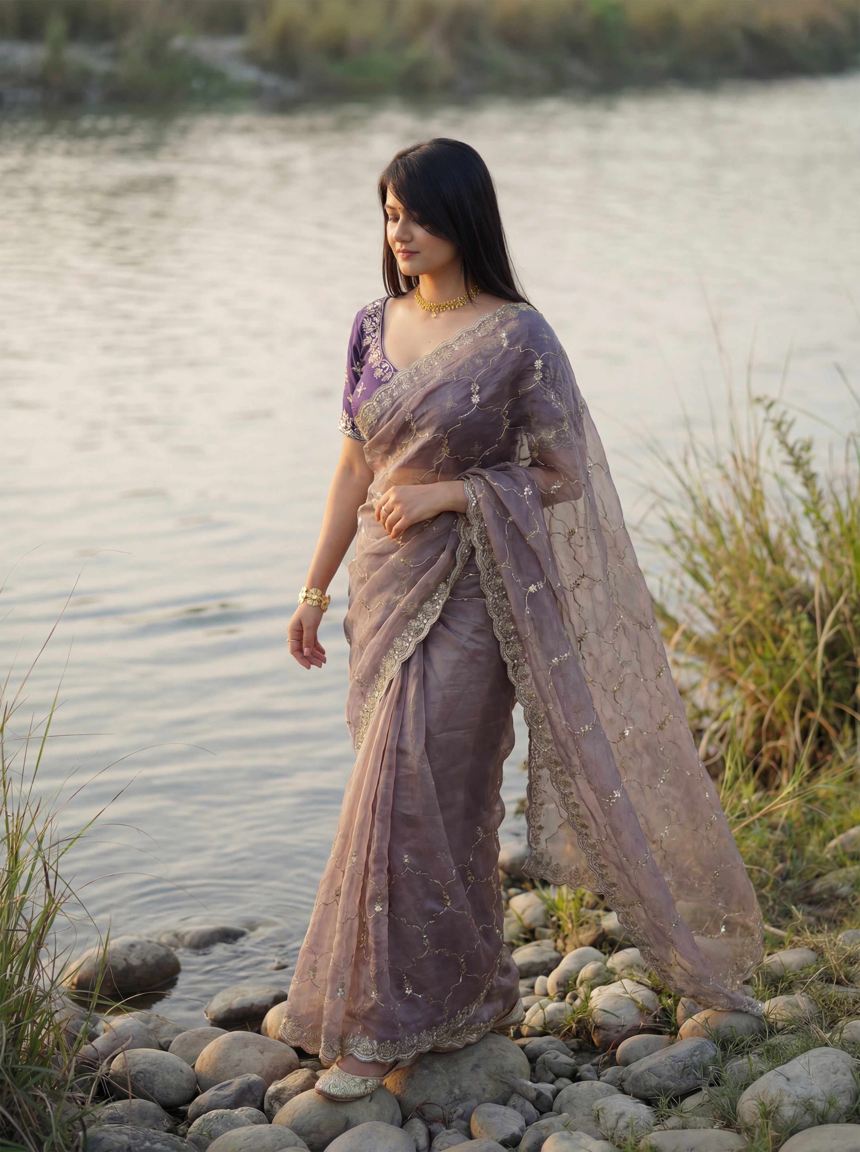Lavender Tissue Geometric Sequence Work Saree