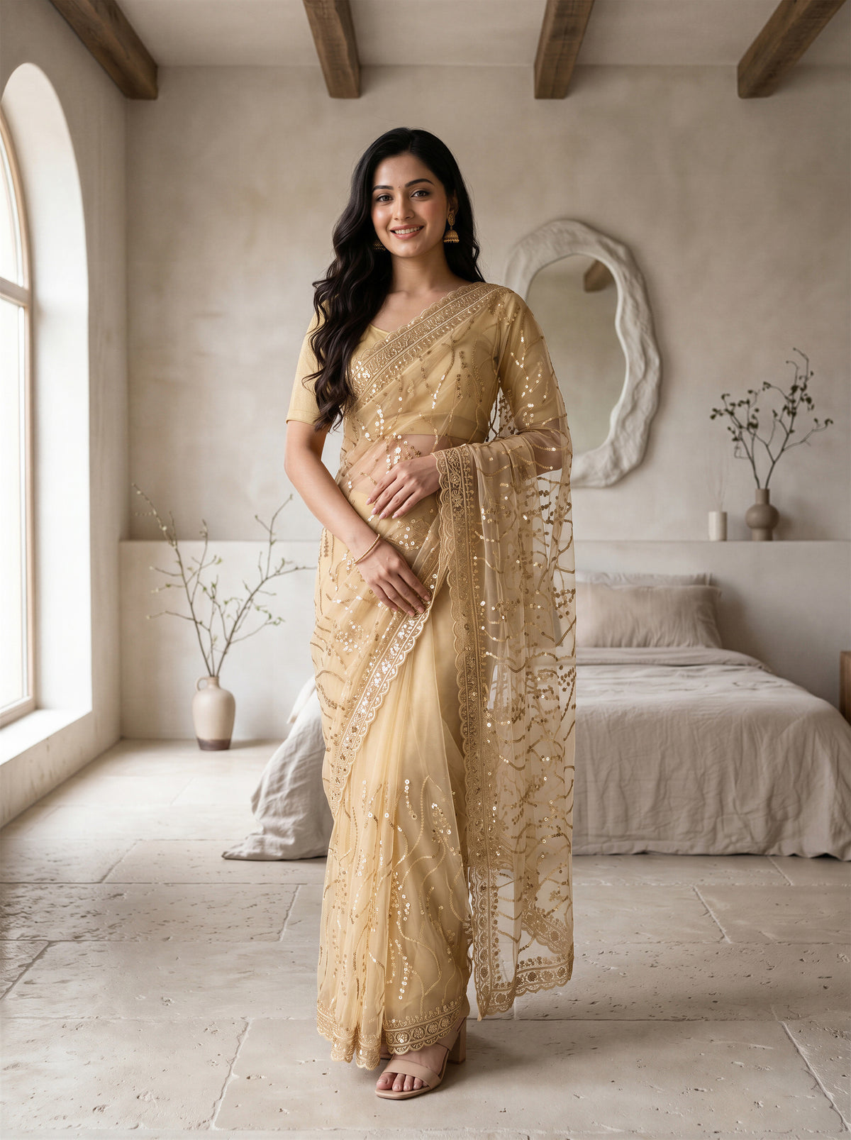 Beige Net Floral Sequence Work Saree
