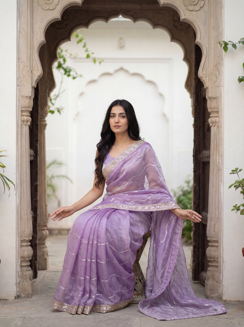 Lavender Tissue Striped Sequence Work Saree