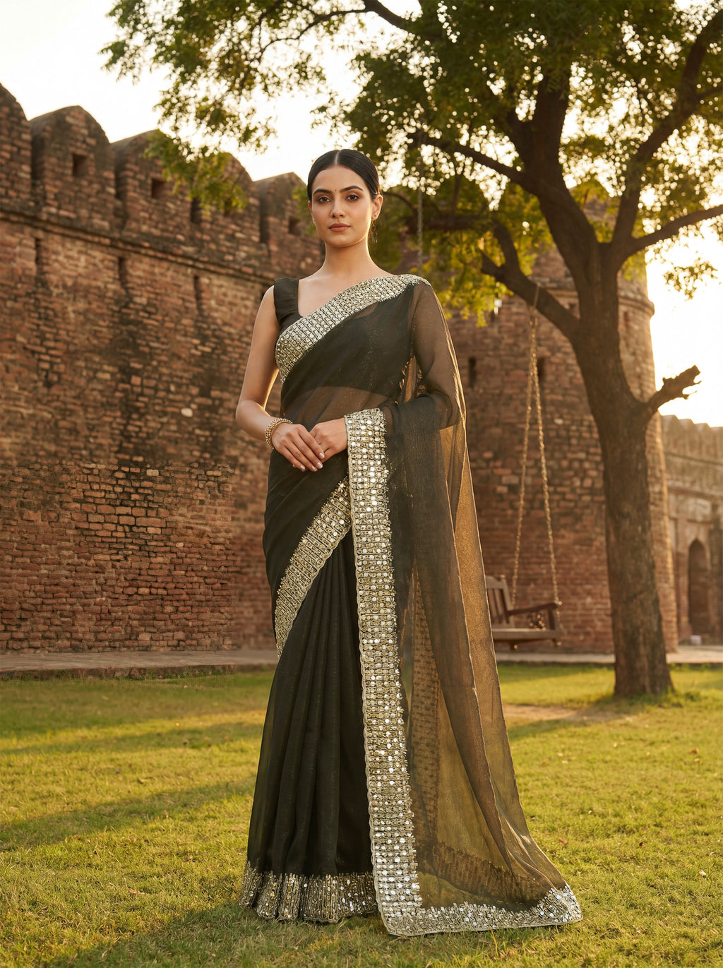 Brown Tissue Sequence & Mirror Work Saree