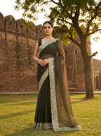 Brown Tissue Sequence & Mirror Work Saree