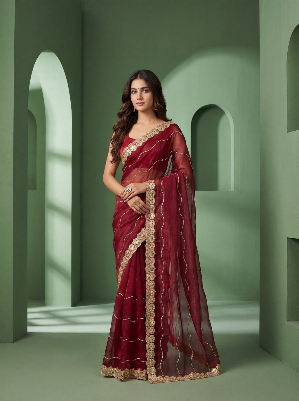 Maroon Organza Striped Zari Work Saree