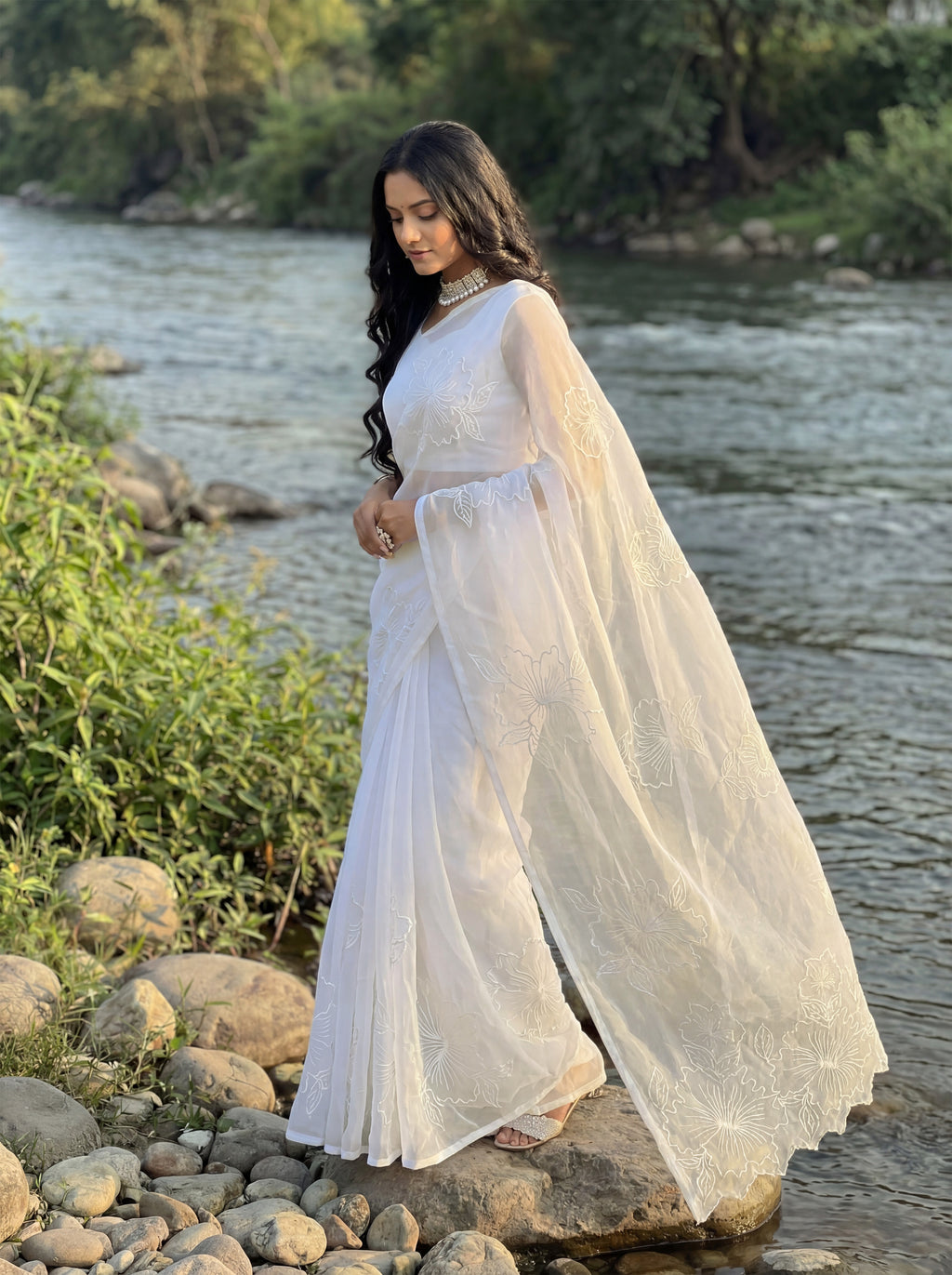 White Organza Floral Thread Work Saree