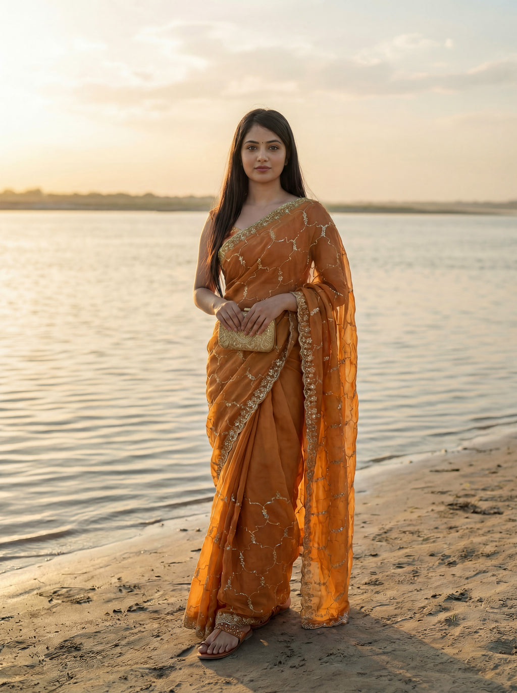 Orange Tissue Geometric Sequence Work Saree