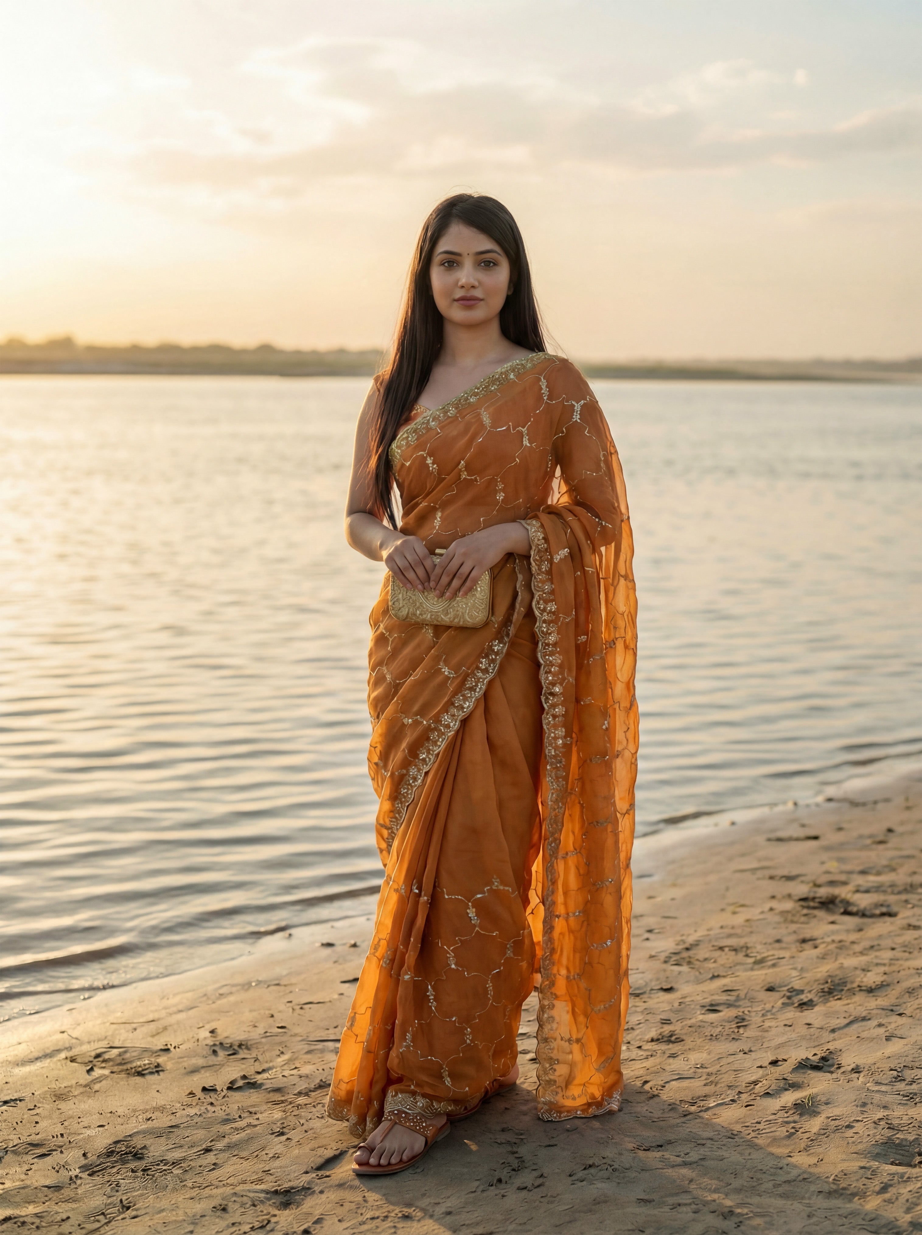 Orange Tissue Geometric Sequence Work Saree