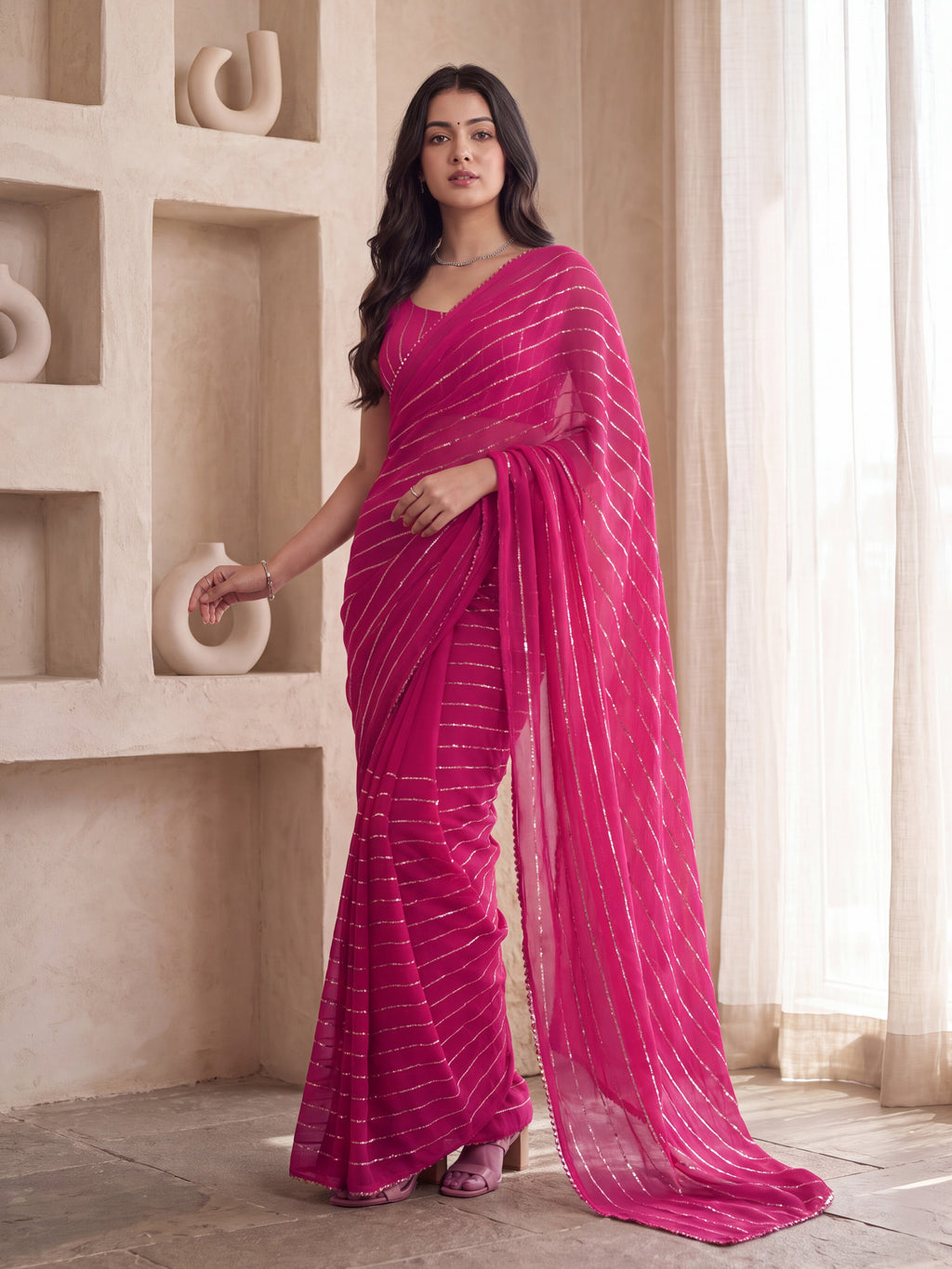Pink Poly Georgette Striped Sequence Work Saree