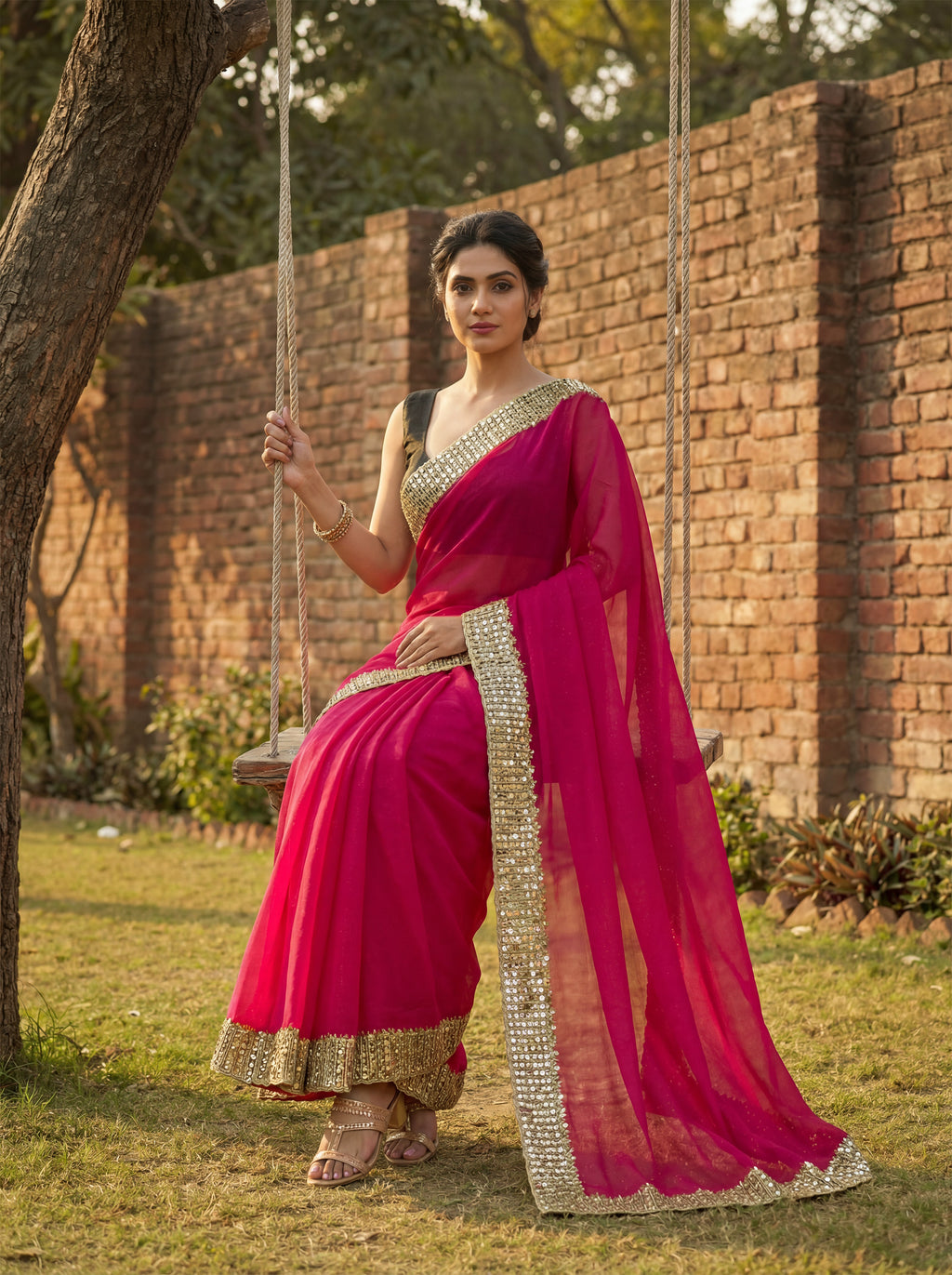 Pink Tissue Sequence & Mirror Work Saree