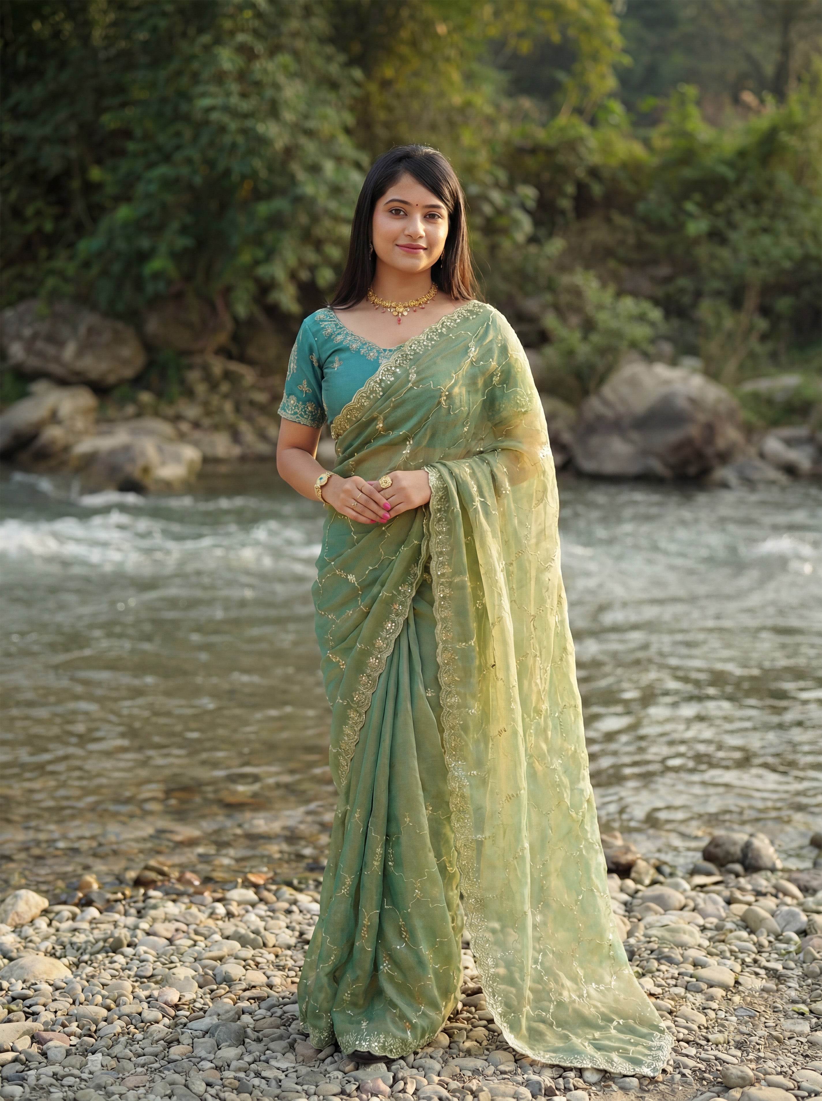 Green Tissue Geometric Sequence Work Saree