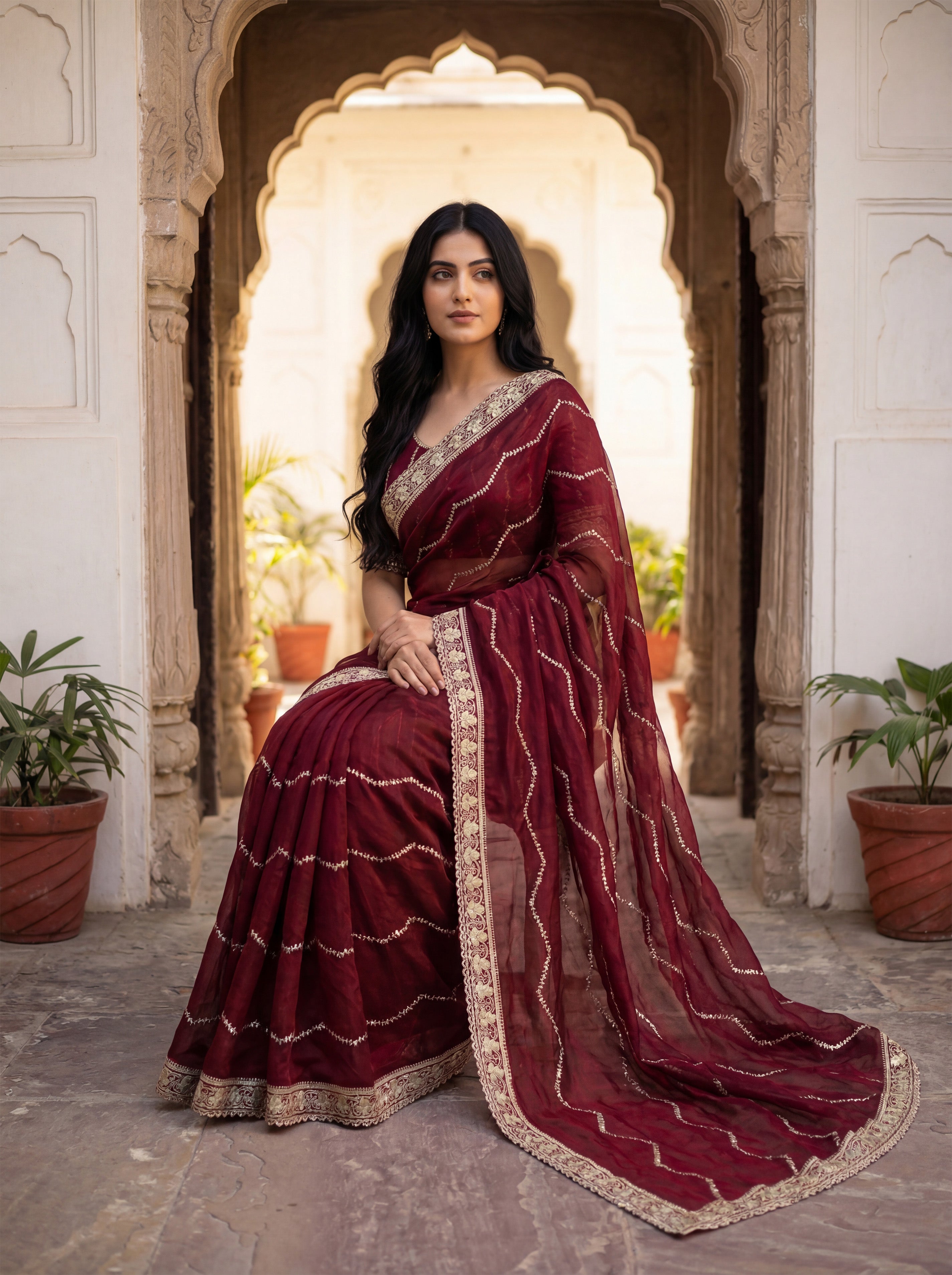 Maroon Tissue Striped Sequence Work Saree