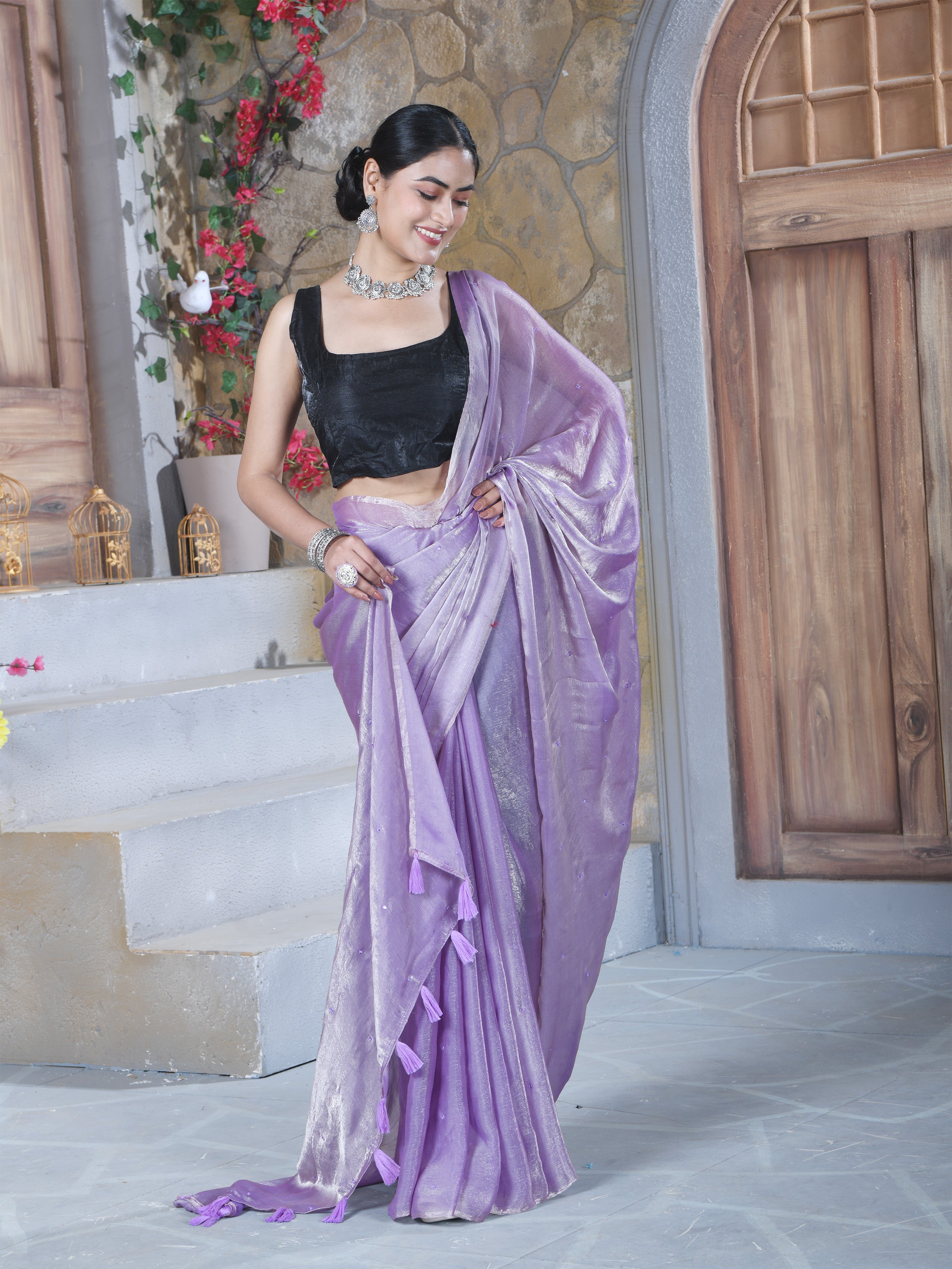 Lavender Pure Chiffon Mirror Work Saree