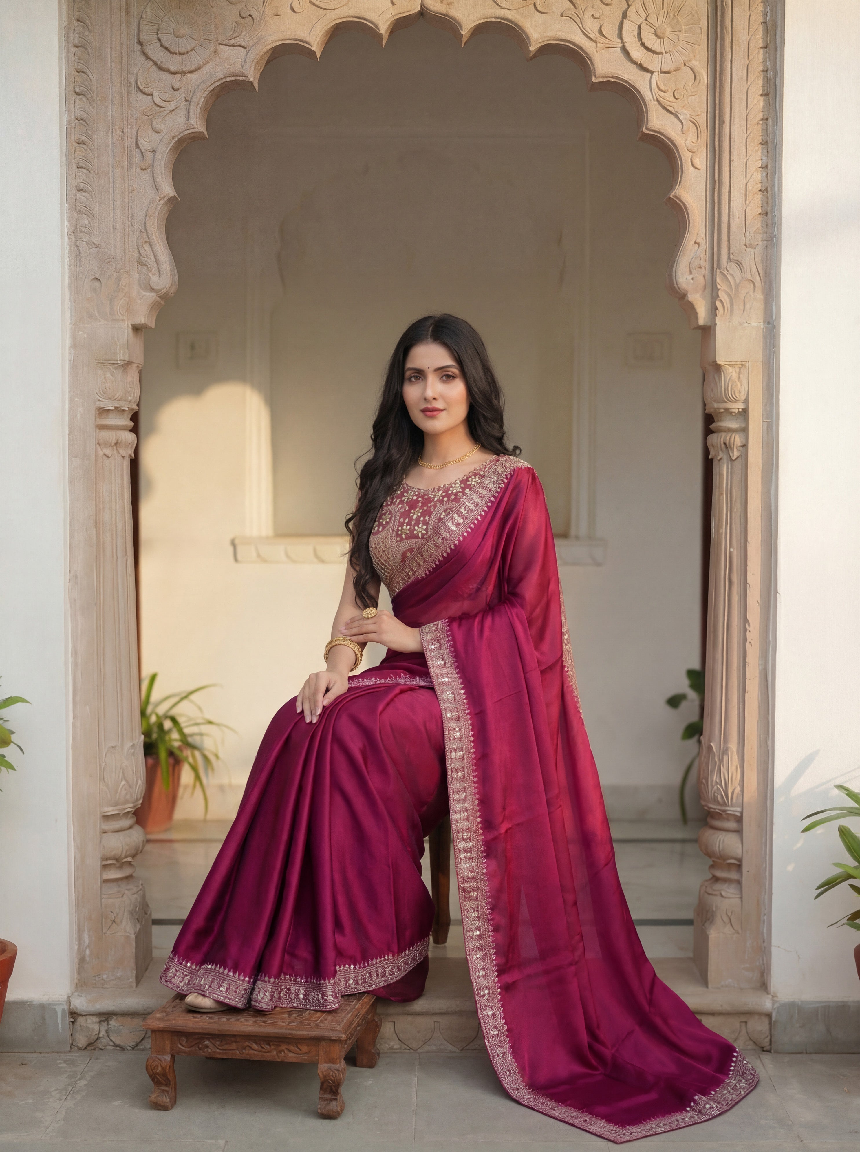 Pink Silk Sequence & Mirror Work Saree