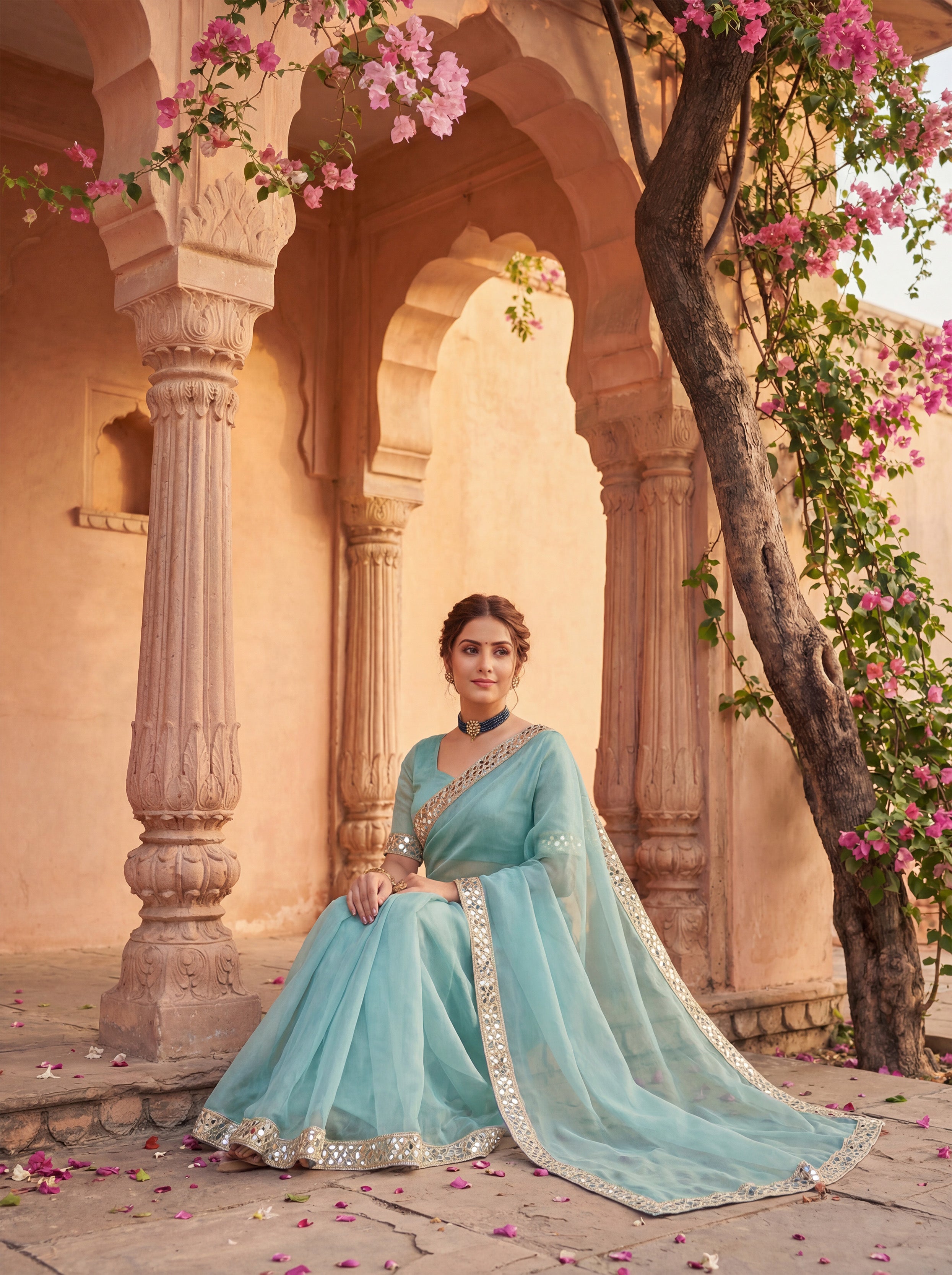 Blue Tissue Geometric Mirror Work Saree