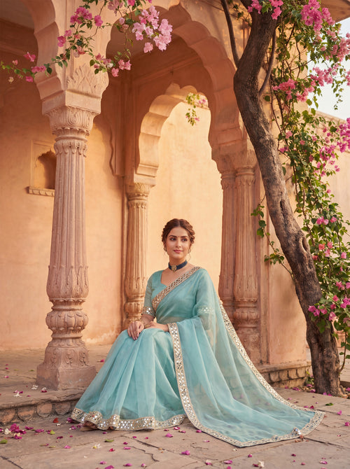 Blue Tissue Geometric Mirror Work Saree