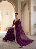 Burgundy Tissue Striped Sequence Work Saree