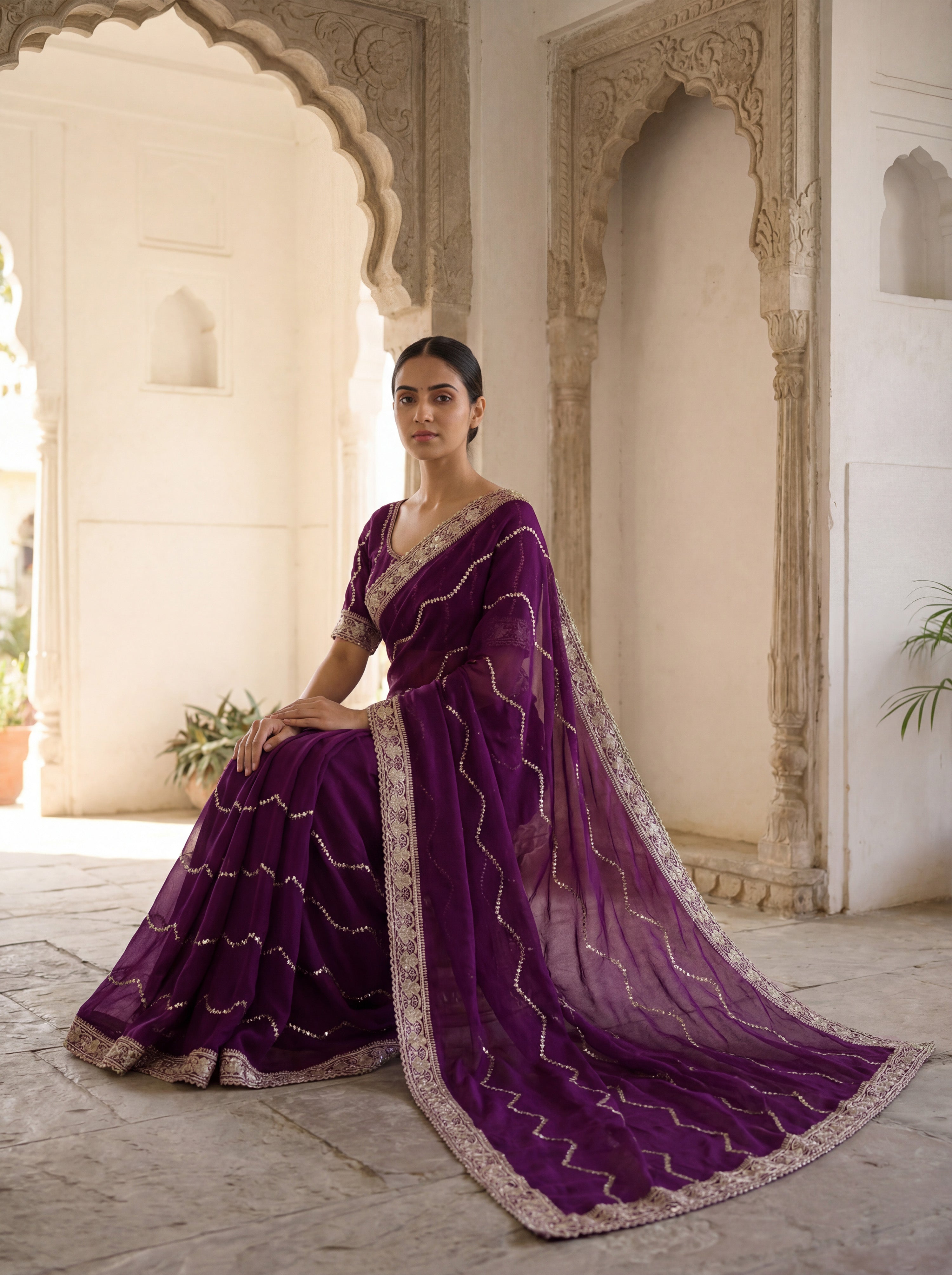 Burgundy Tissue Striped Sequence Work Saree