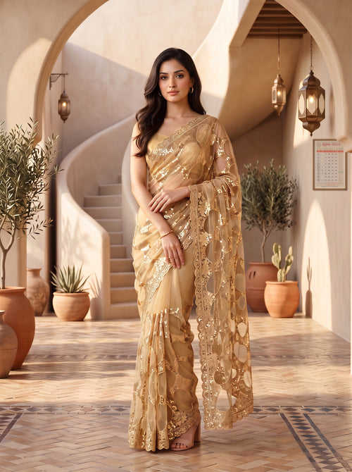 Beige Net Geometric Sequence Work Saree