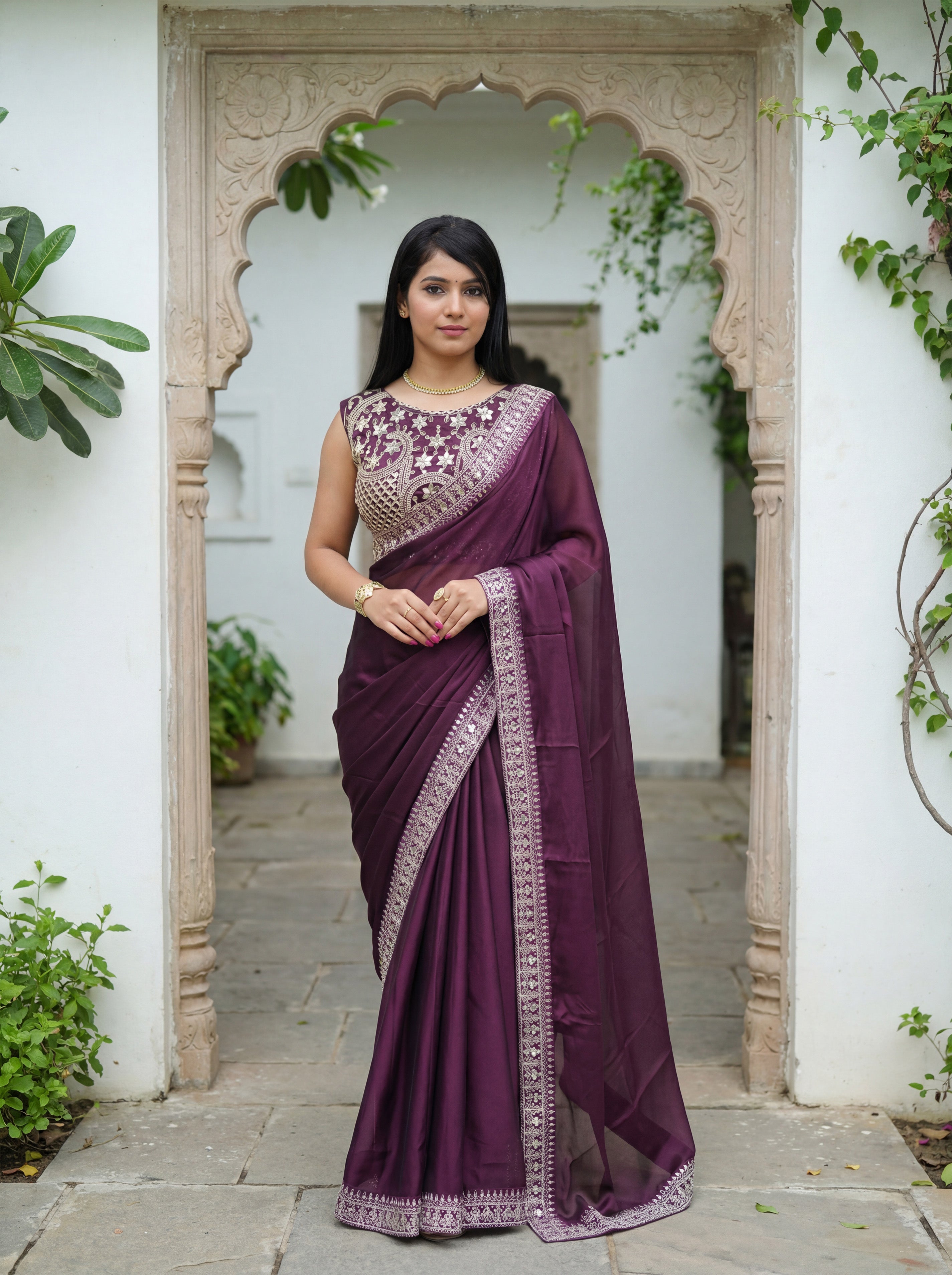 Burgundy Silk Sequence & Mirror Work Saree