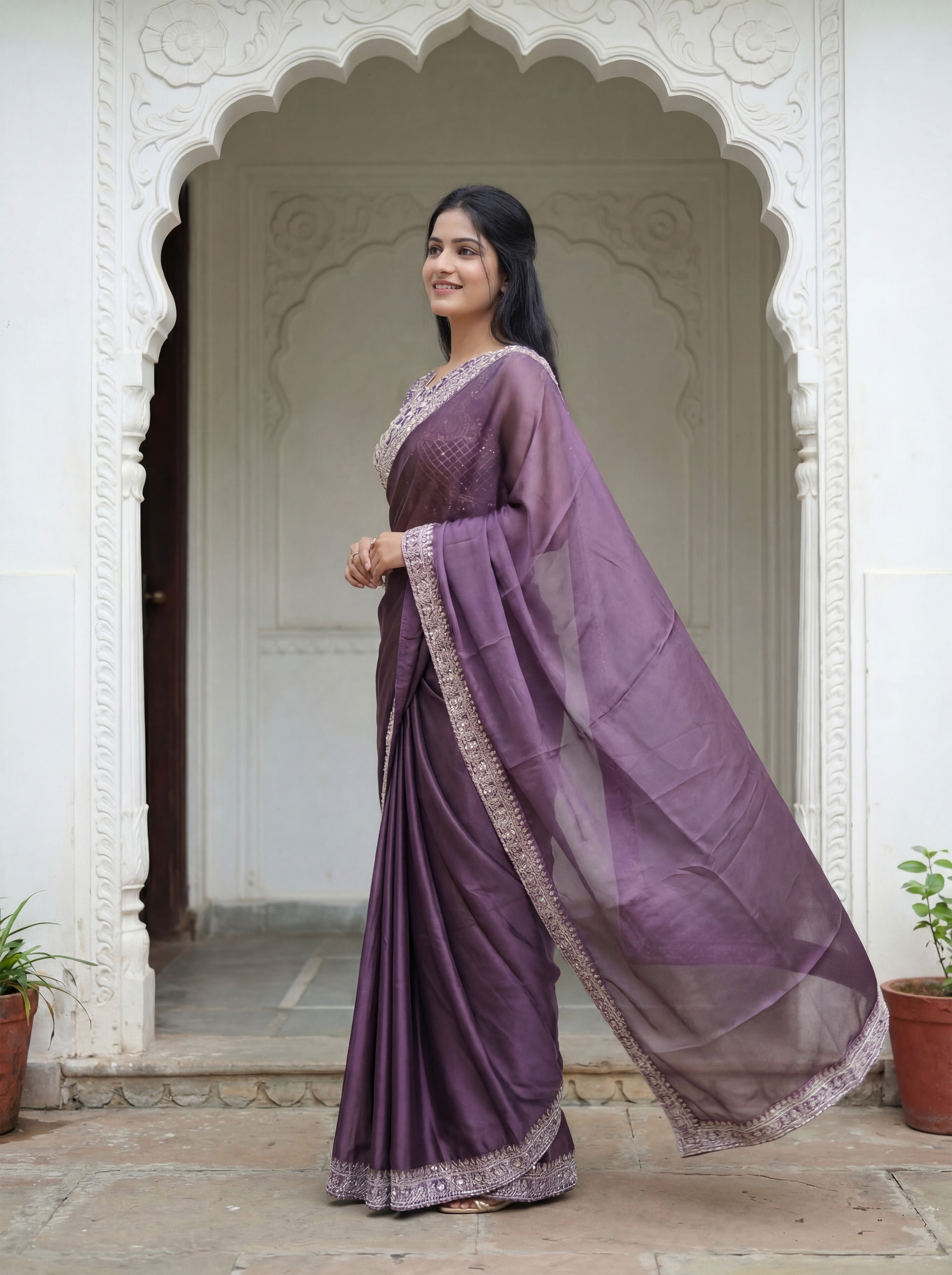 Lavender Silk Sequence & Mirror Work Saree
