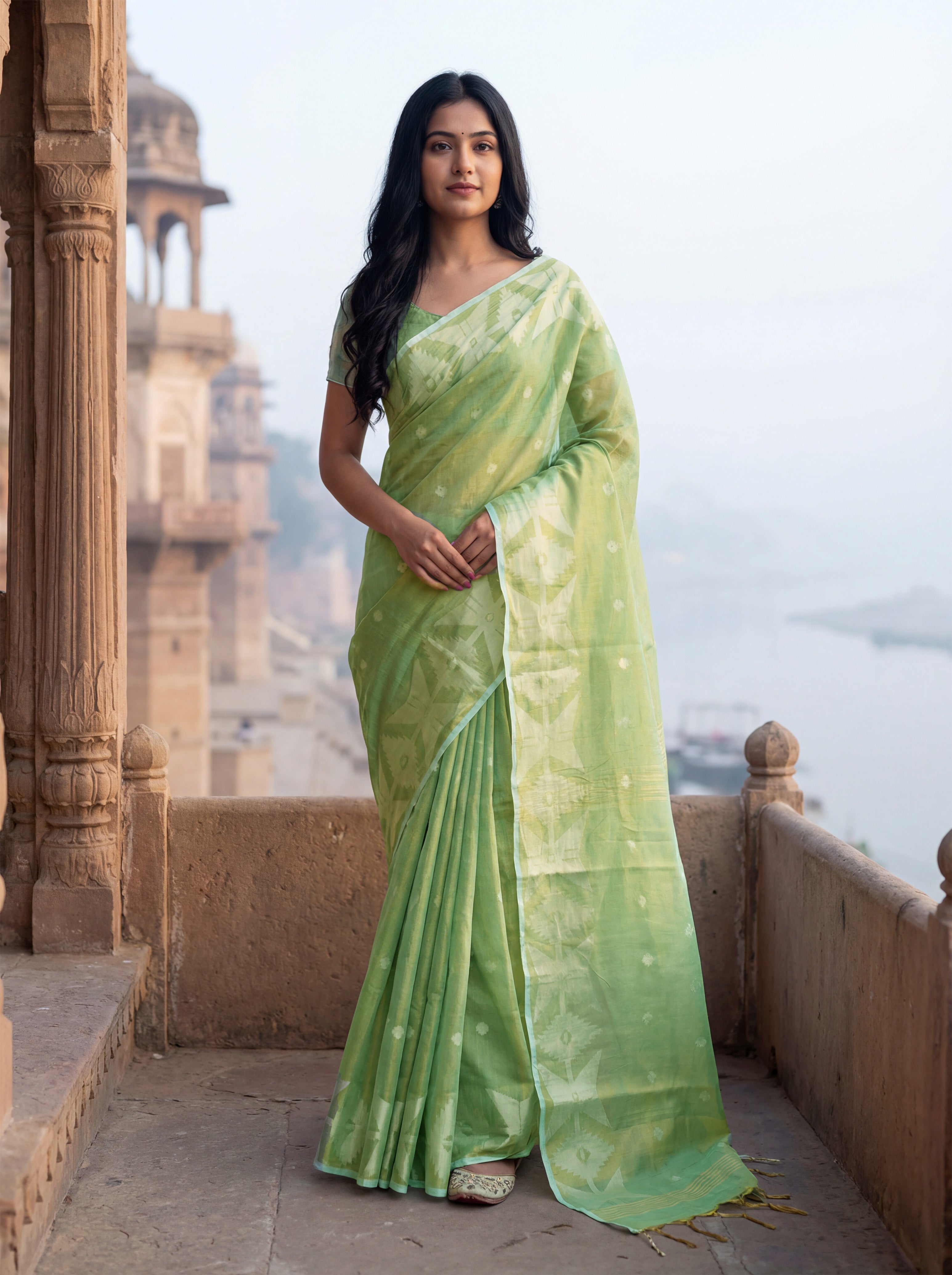 Green Tissue Ikkat Handloom Woven Saree