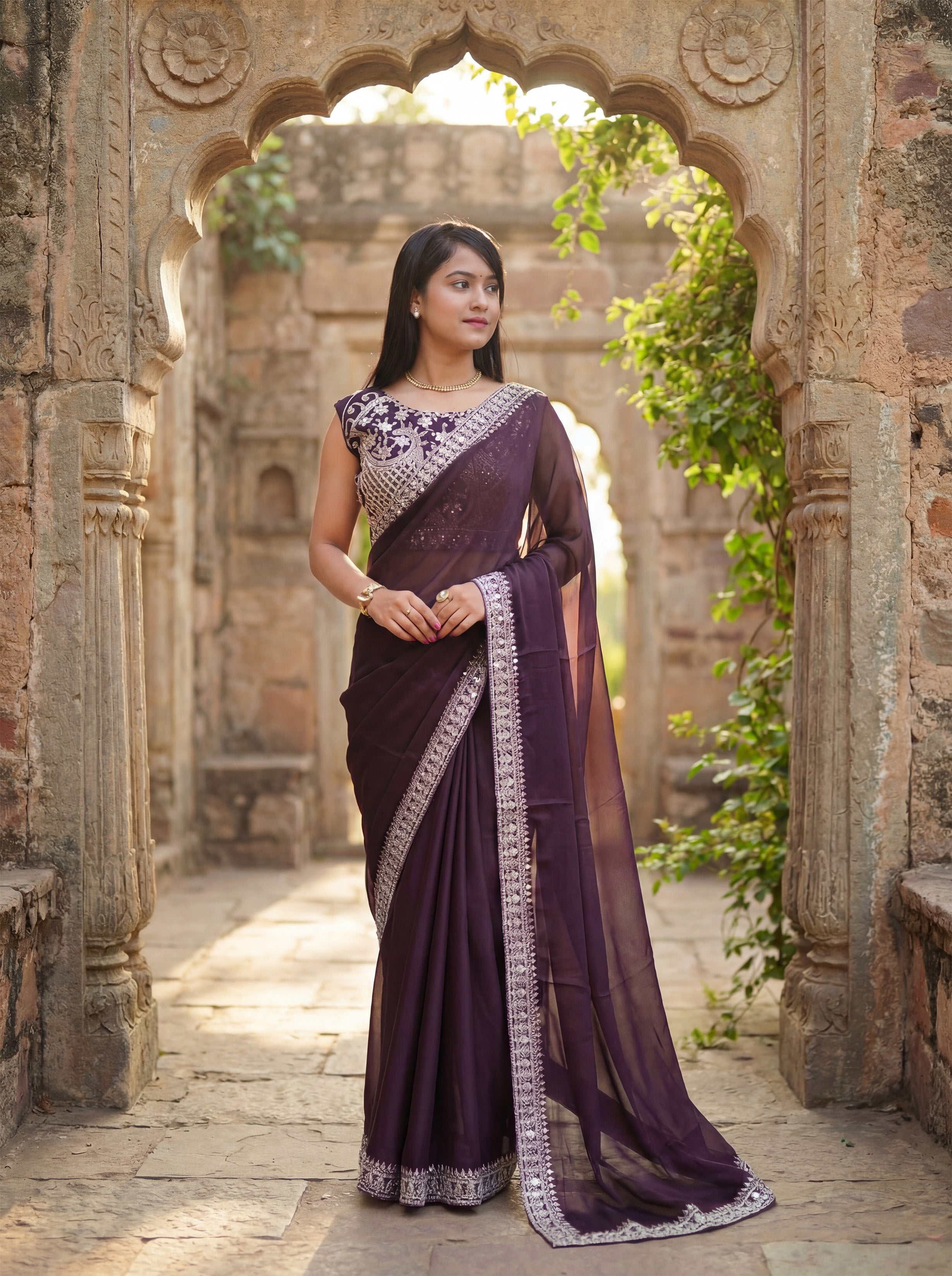 Purple Silk Sequence & Mirror Work Saree