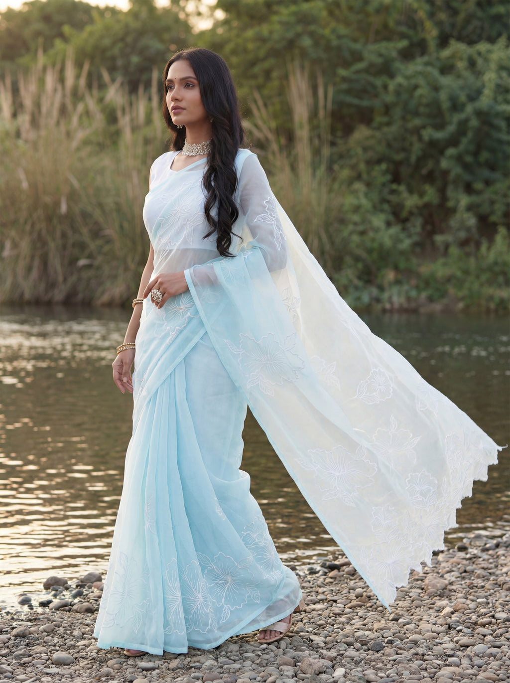 Blue Organza Floral Thread Work Saree