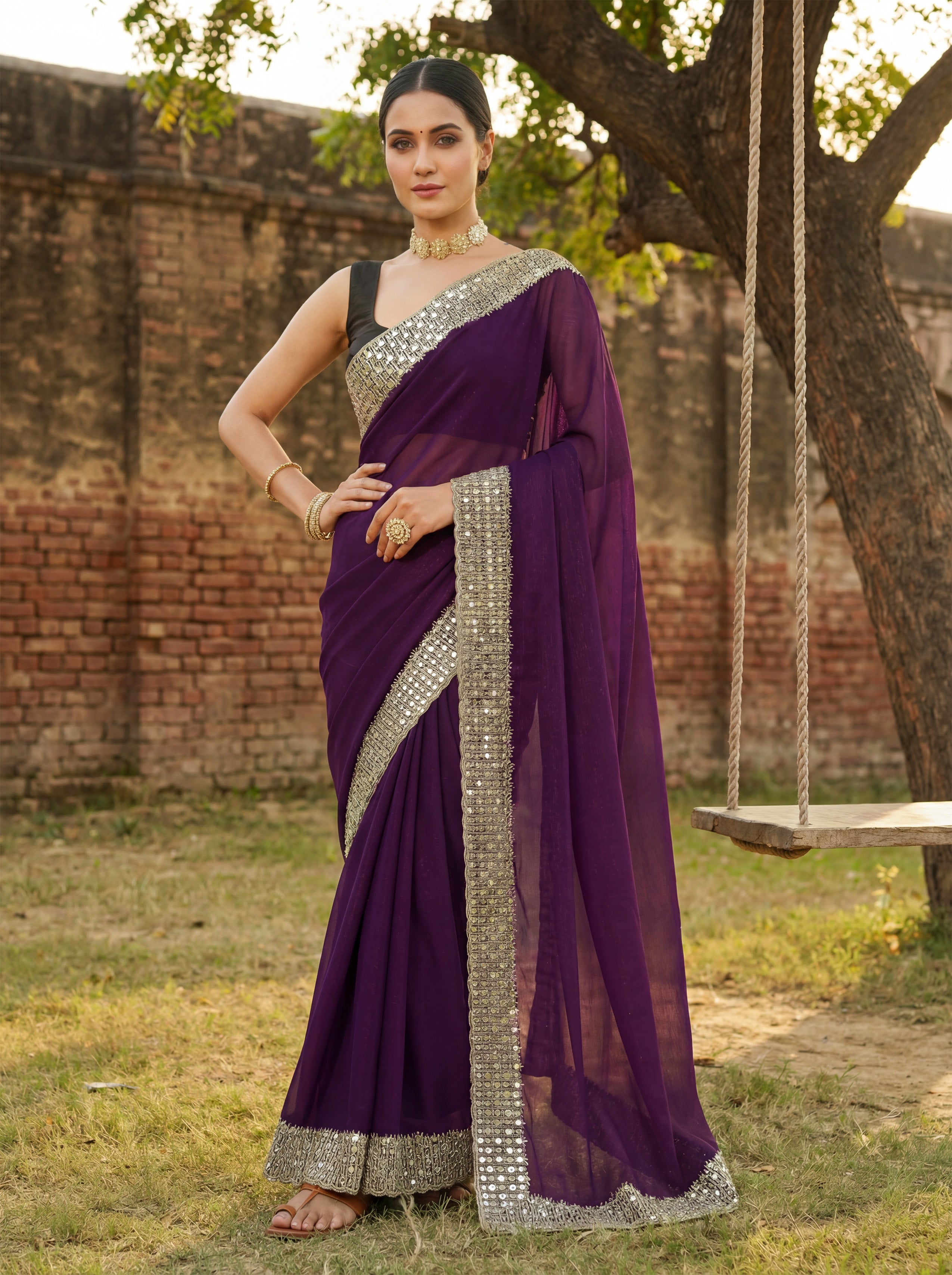 Burgundy Tissue Sequence & Mirror Work Saree