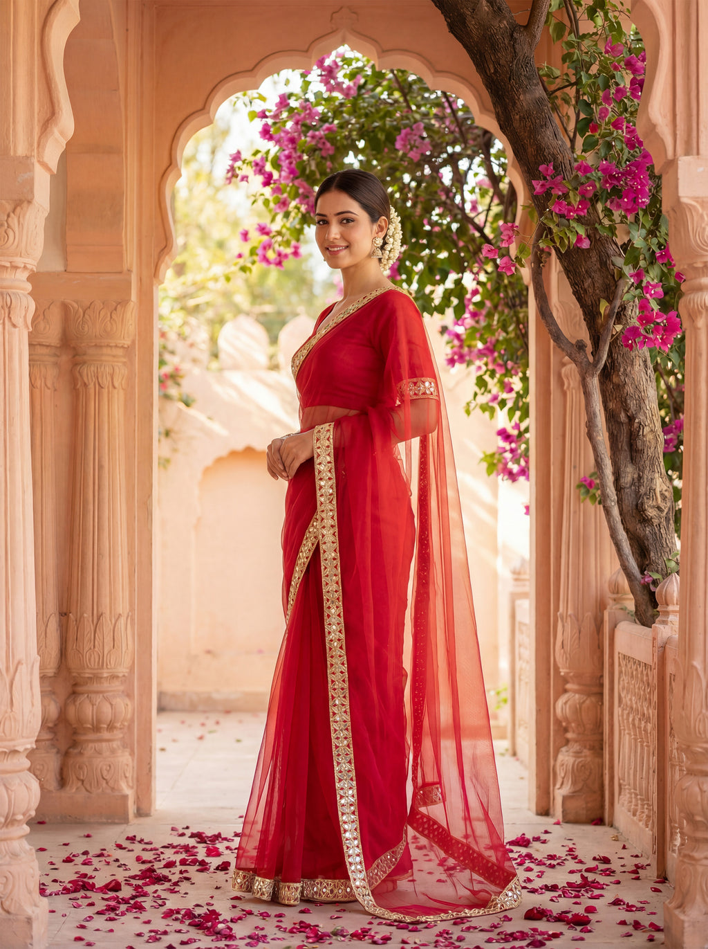 Red Tissue Geometric Mirror Work Saree