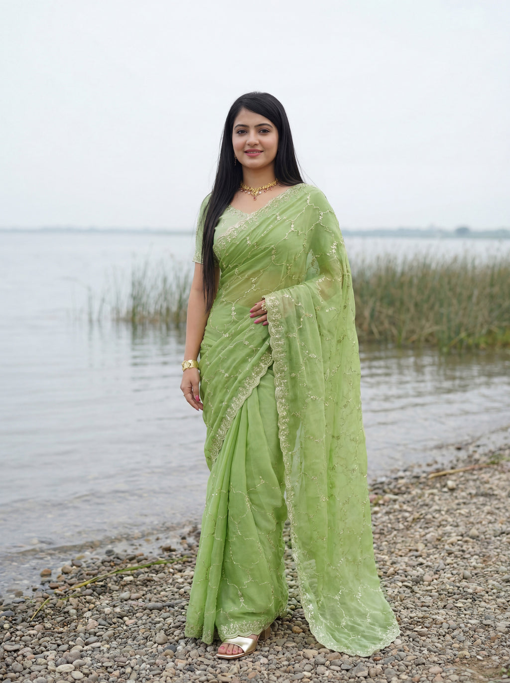Green Tissue Geometric Sequence Work Saree